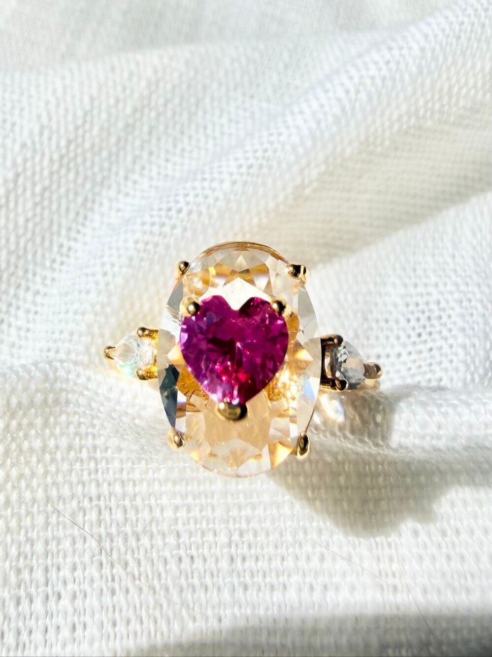 Pink Heart Cubic Zirconia Cocktail Ring Gold Tone Statement Jewelry